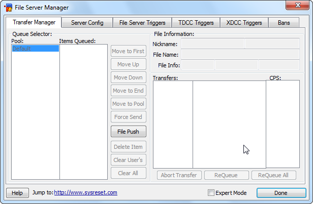 File Server Manager window (transfer manager)